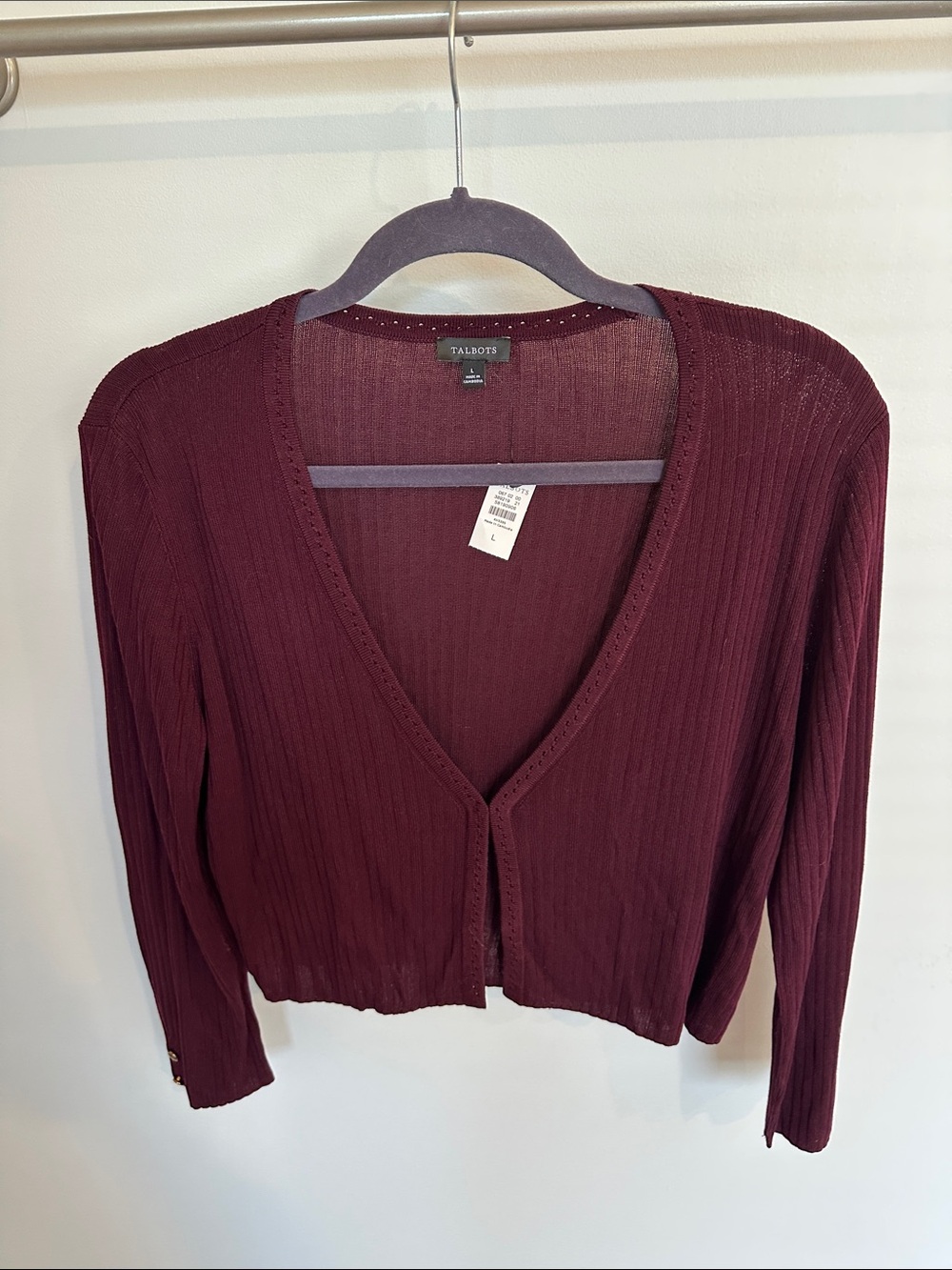 Talbots Women's Ribbed V-Neck Cropped Cardigan in Wine